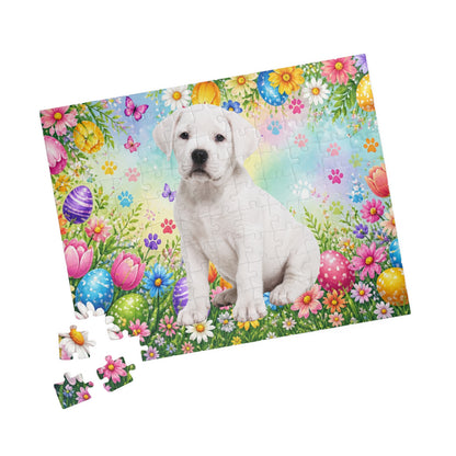 Rottweiler (White) Easter Puppy Puzzle - Spring Garden with Eggs, Tulips, and Butterflies