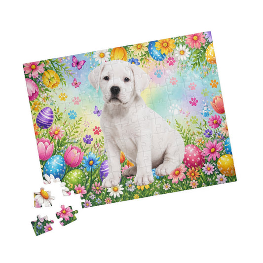 Rottweiler (White) Easter Puppy Puzzle - Spring Garden with Eggs, Tulips, and Butterflies