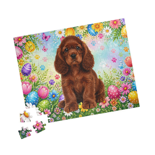 American Cocker Spaniel (Orange) Easter Puppy Puzzle - Spring Garden with Eggs, Tulips, and Daisies