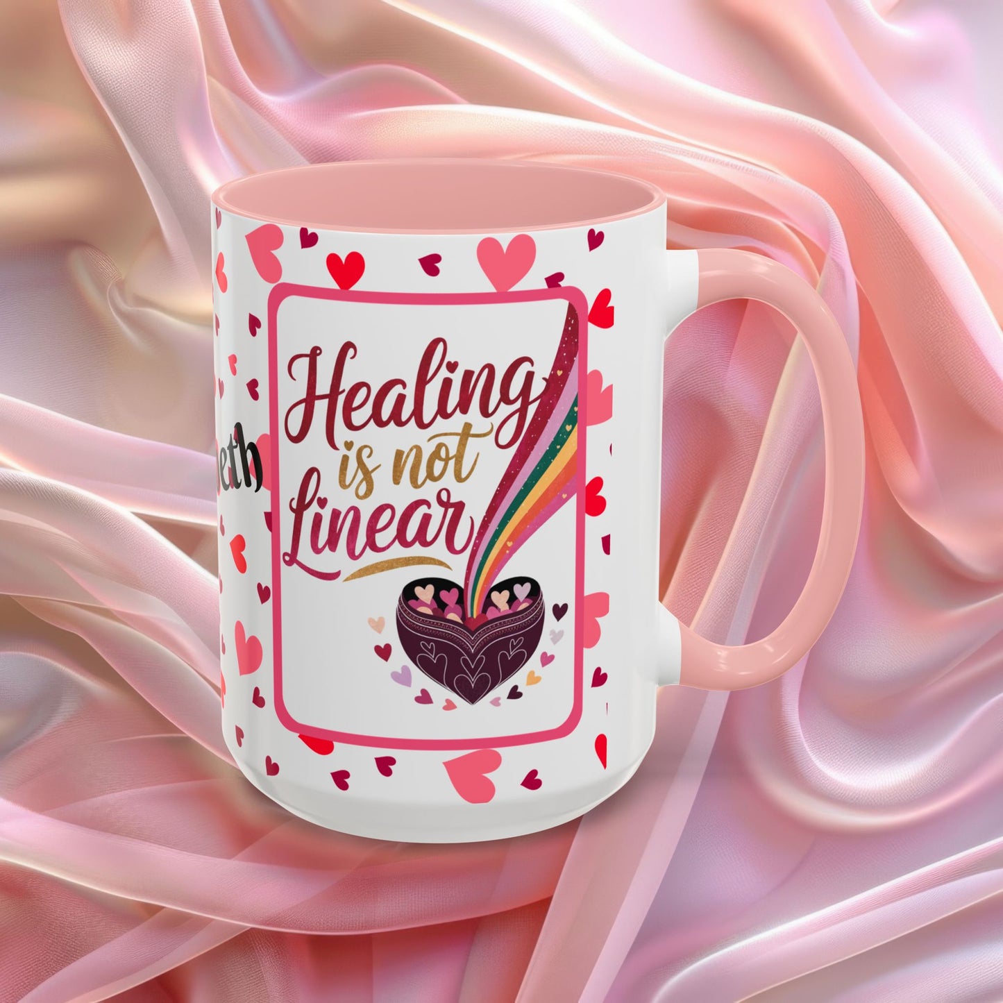 Healing Is Not Linear Valentines mug offering comfort and resilience, Valentine themed affirmation coffee cup