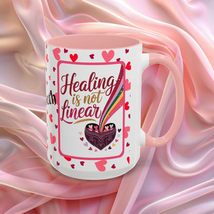 Healing Is Not Linear Valentines mug offering comfort and resilience, Valentine themed affirmation coffee cup