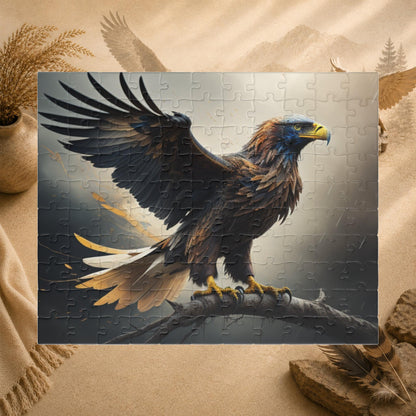 Sky Majesty Triumph - Cinematic Eagle Puzzle with One Wing Raised on Atmospheric Grey Background