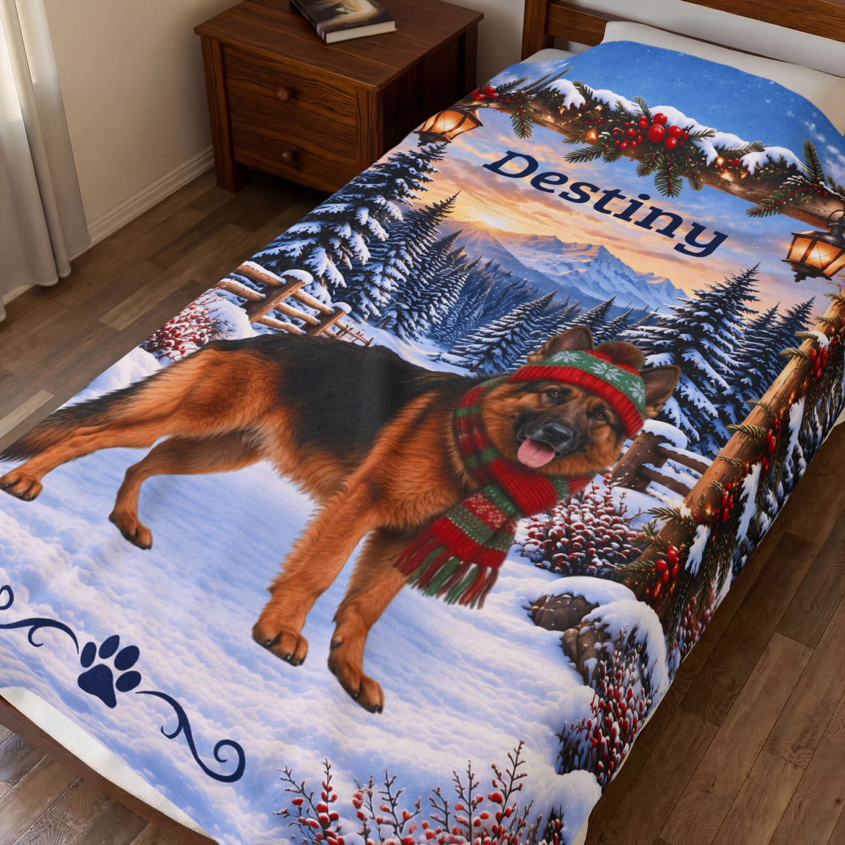 German Shepherd (Black & Red Coat) - Personalized Winter Mountain Blanket, Custom Name Velveteen Throw - MySisterIsAsurvor