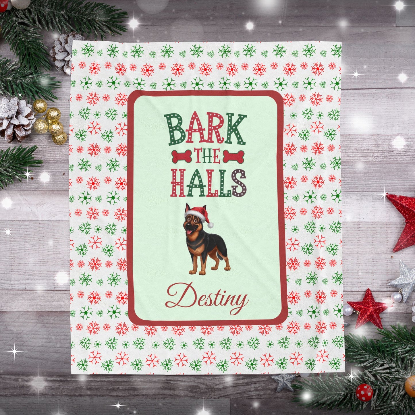 German Shepherd (Black & Rust) Personalized Velveteen Plush Blanket - "Bark The Halls" | Cozy Holiday Gift for Dog Lovers