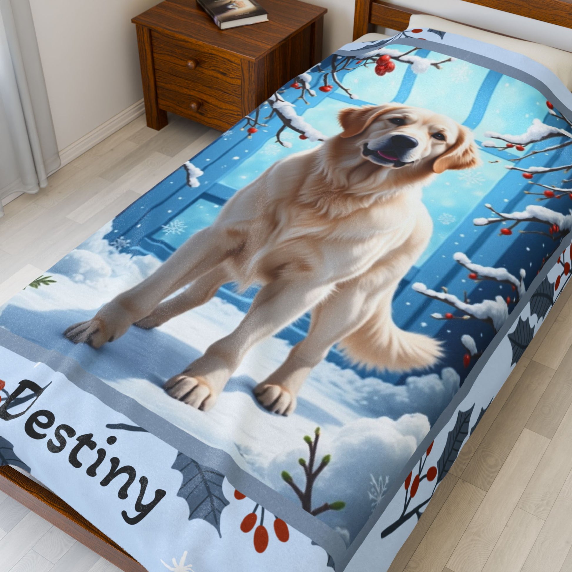Golden Retriever White personalized winter throw featuring a white Golden Retriever in a cheerful lodge setting