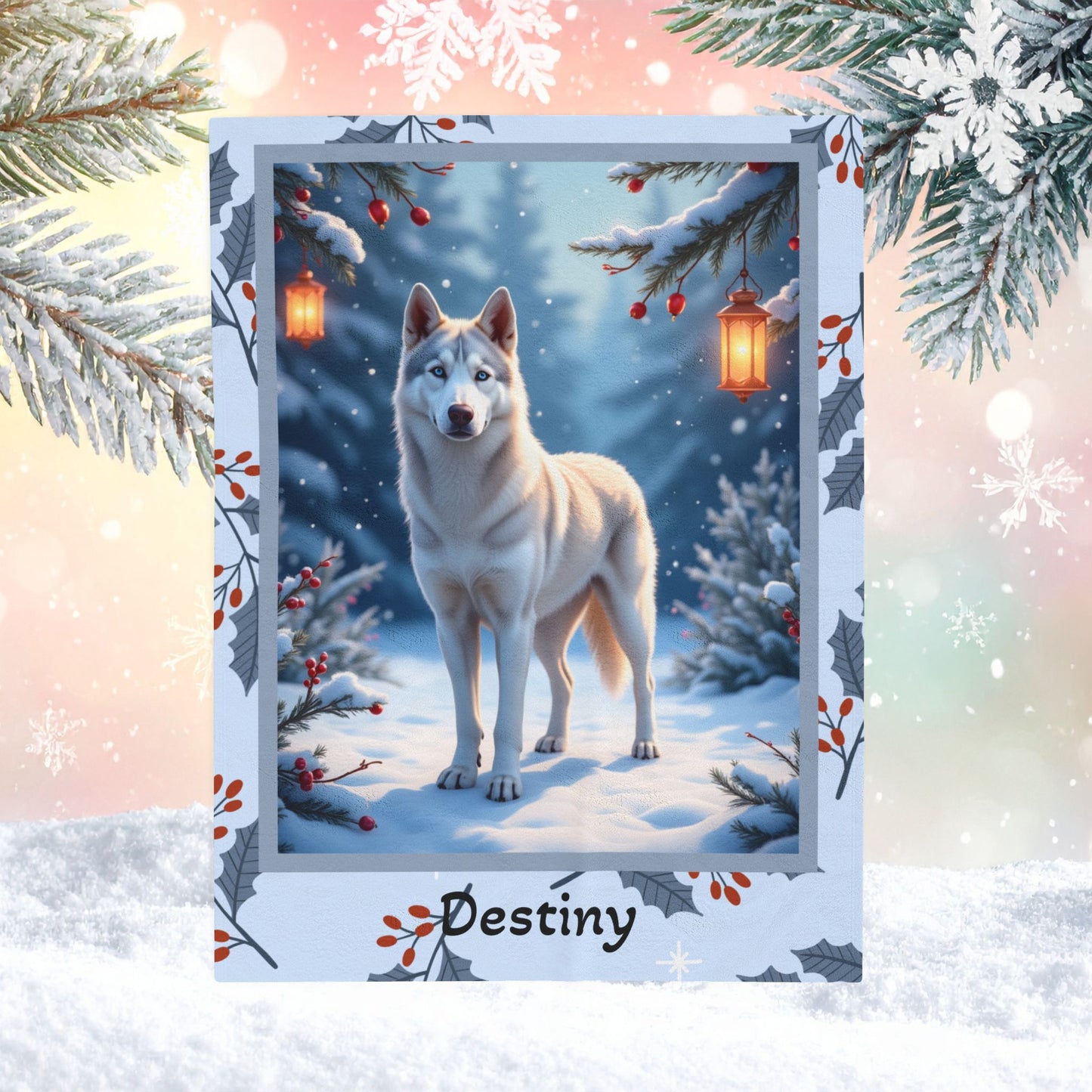 Husky Silver personalized winter throw with silver Husky artwork and glowing snowy lodge décor