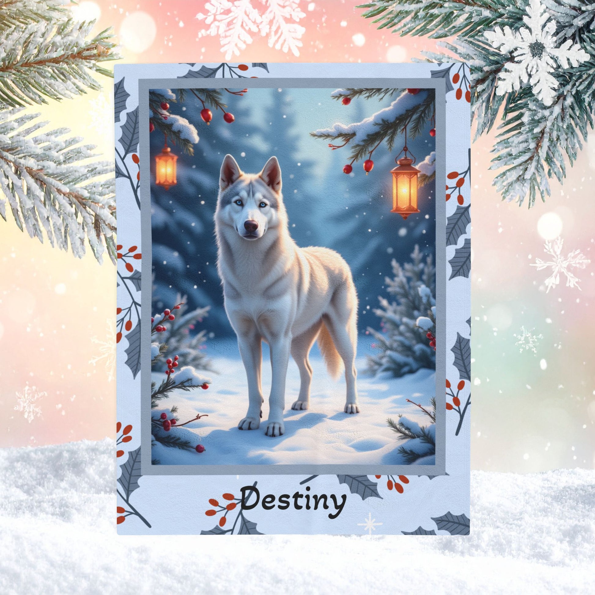 Husky Silver personalized winter throw with silver Husky artwork and glowing snowy lodge décor