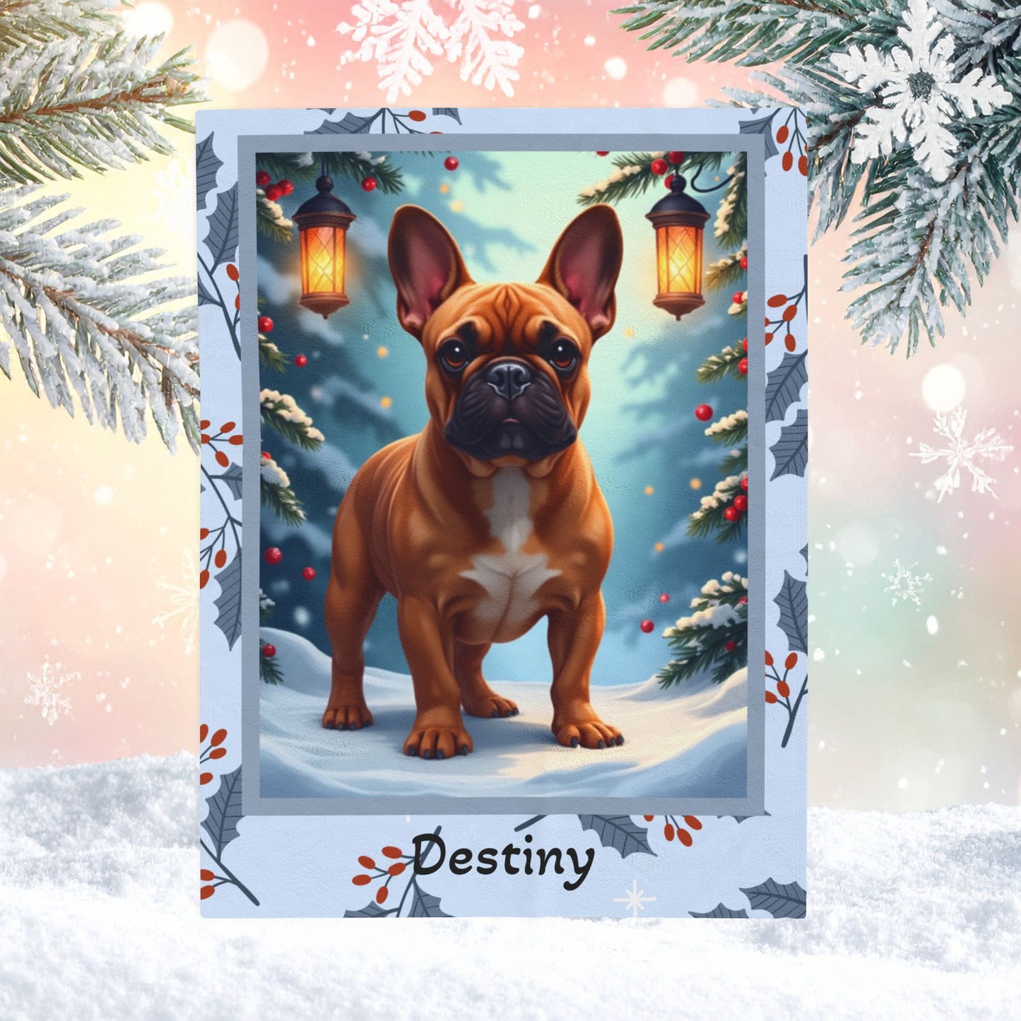 French Bulldog Red Fawn personalized winter throw with adorable Frenchie art and festive snowy lodge background