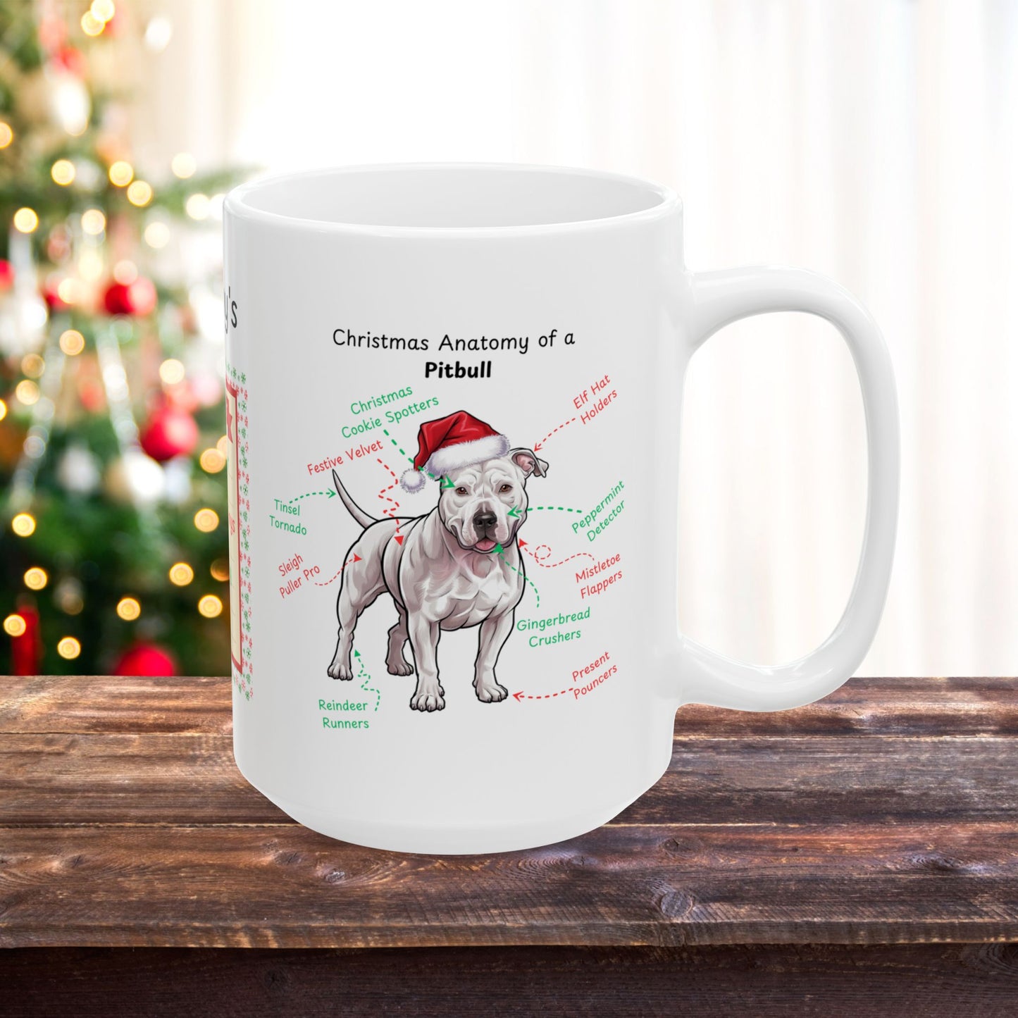 Pitbull (White) Christmas coffee mug, festive dog lover gift, personalized holiday dog anatomy cup