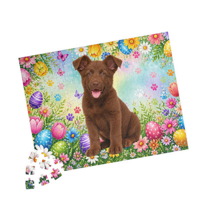 German Shepherd (Solid Liver) Easter Puppy Puzzle - Spring Garden with Eggs, Tulips, and Daisies