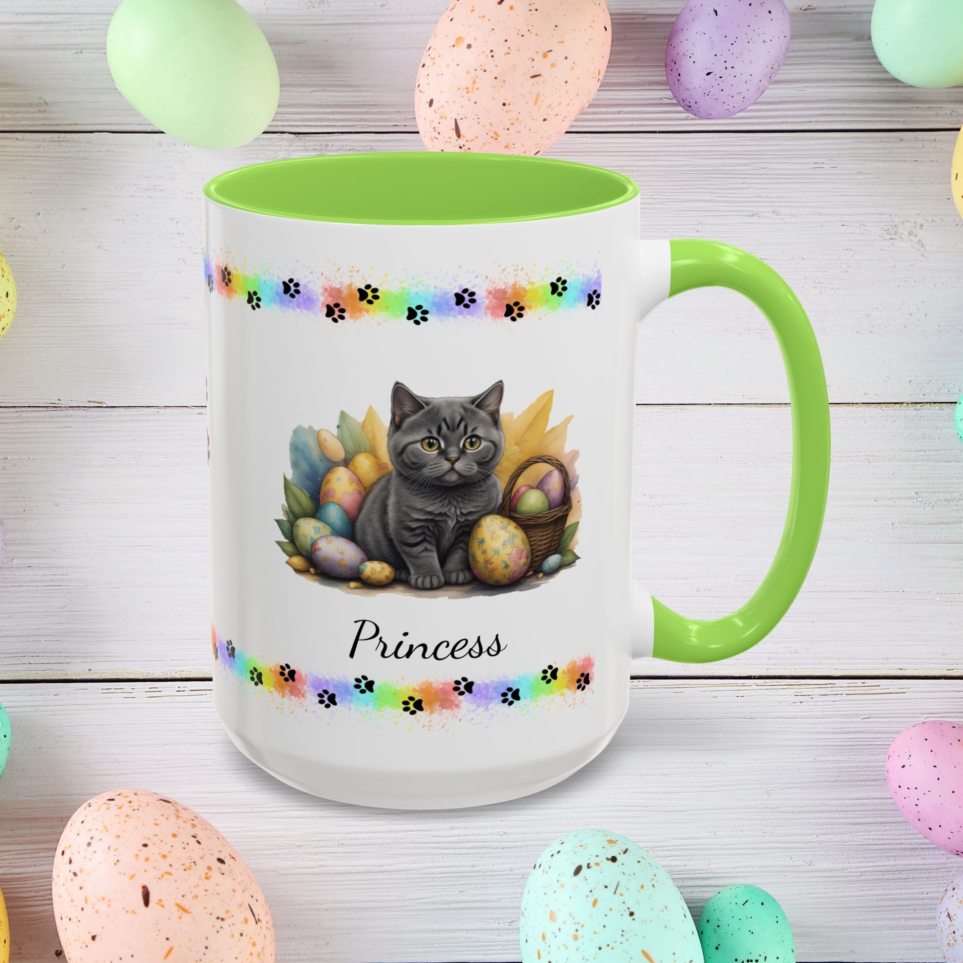 British Shorthair: Personalized Easter Kitten Coffee Mug - Adorable Cat Design, Mental Health Gift, 11oz & 15oz, 12 Color Choices, Easter Gifts & Décor