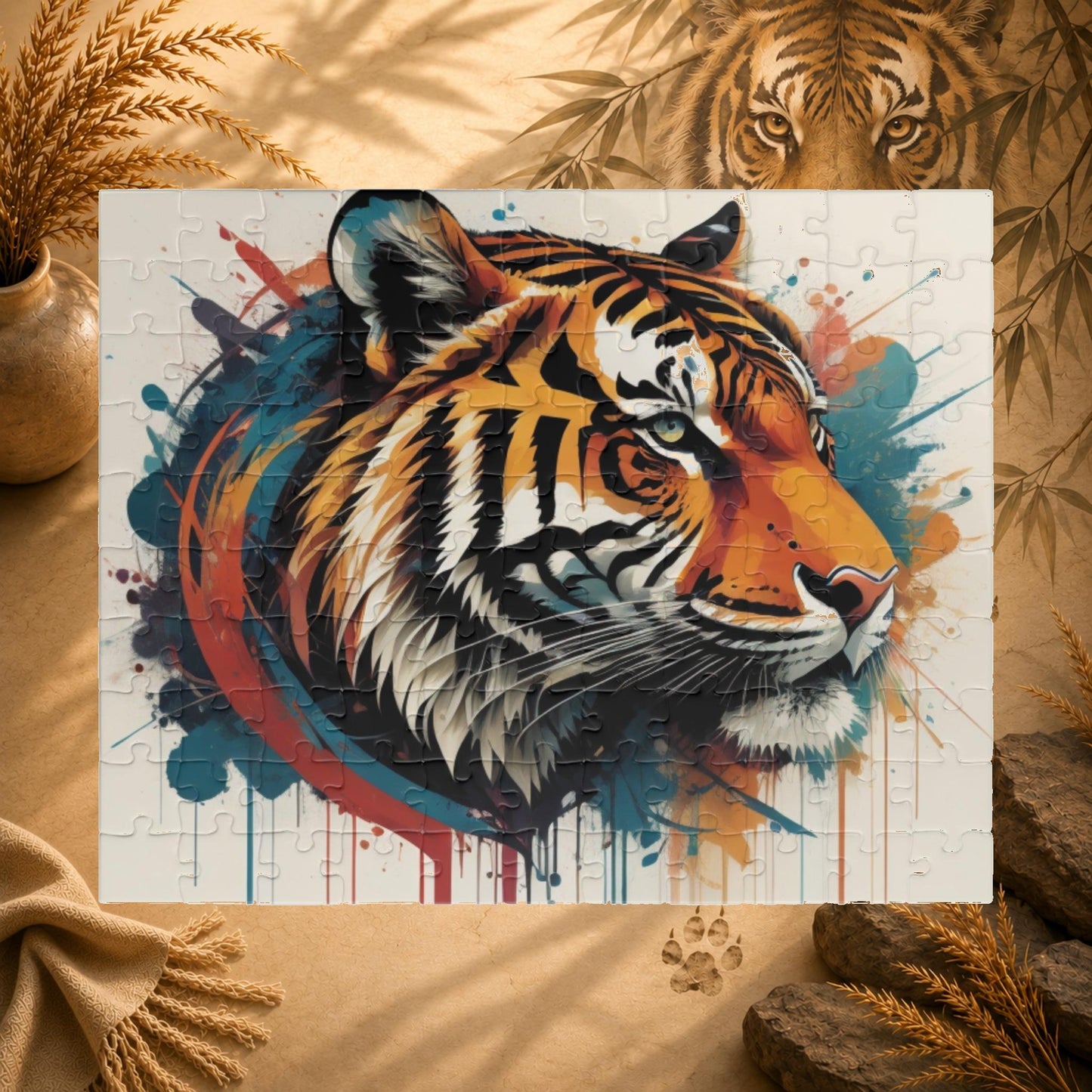 Jigsaw puzzle with a colorful tiger design on a white background