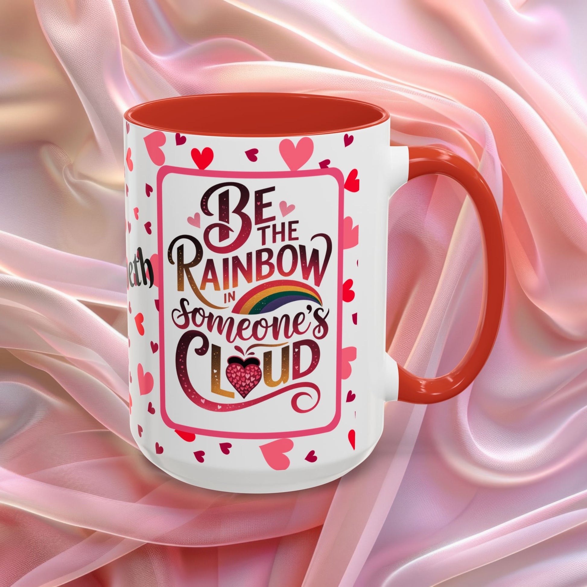 Be The Rainbow Valentines affirmation mug with uplifting message, colorful Valentine themed ceramic coffee cup