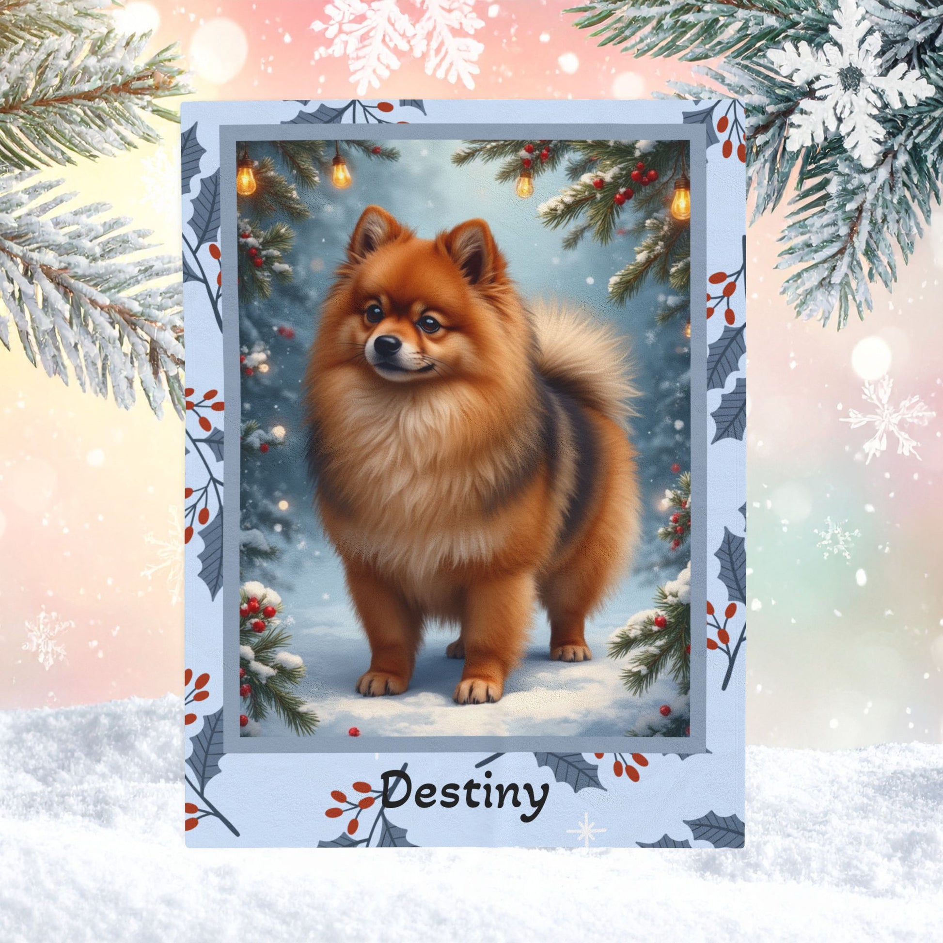 Pomeranian Orange Sable custom winter blanket showing a fluffy Pom in a bright snowy lodge illustration