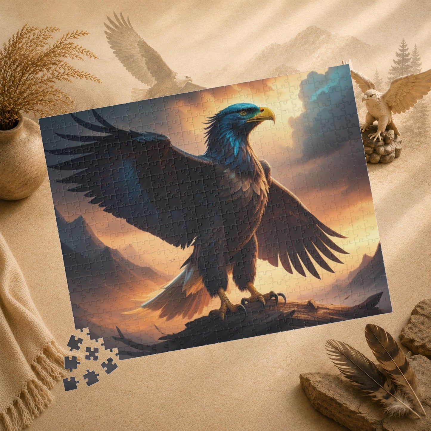 Wingspan of Strength - Full-Body Eagle Puzzle with Wings Spread Wide on Golden Stormy Sky Background