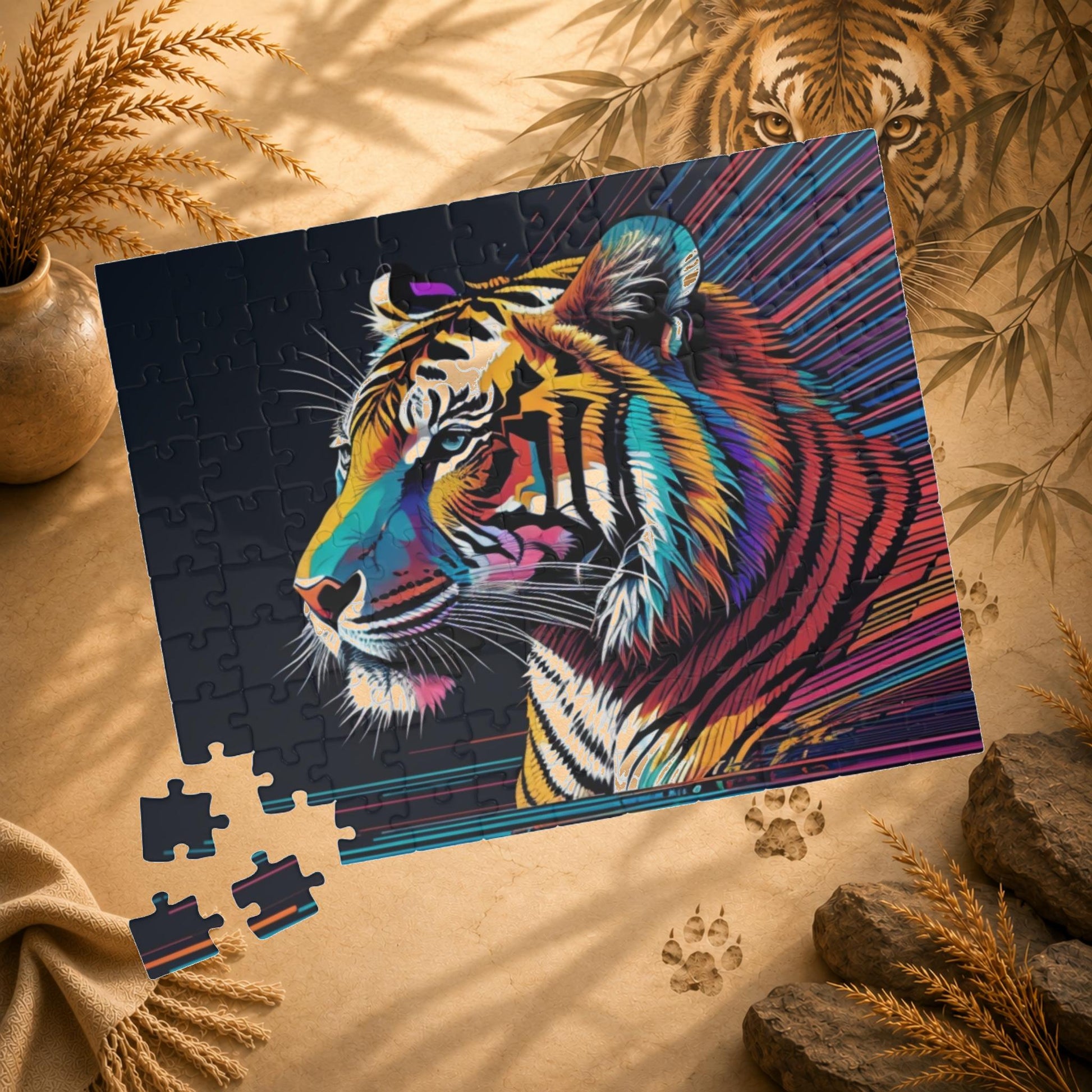 Colorful tiger puzzle with missing pieces on a white background