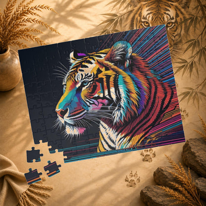 Colorful tiger puzzle with missing pieces on a white background