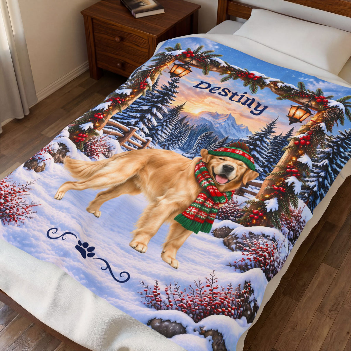 Golden Retriever (Light Golden Coat) - Personalized Snowy Cabin Throw, Custom Name Dog Dad Blanket