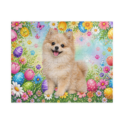 Pomeranian (Cream Merle) Easter Puppy Puzzle - Spring Garden with Eggs, Tulips, and Daisies