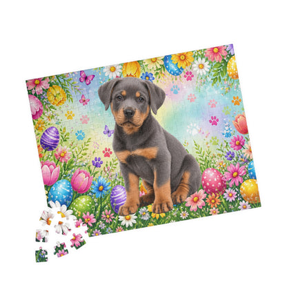 Rottweiler (Blue) Easter Puppy Puzzle - Spring Garden with Eggs, Tulips, and Butterflies