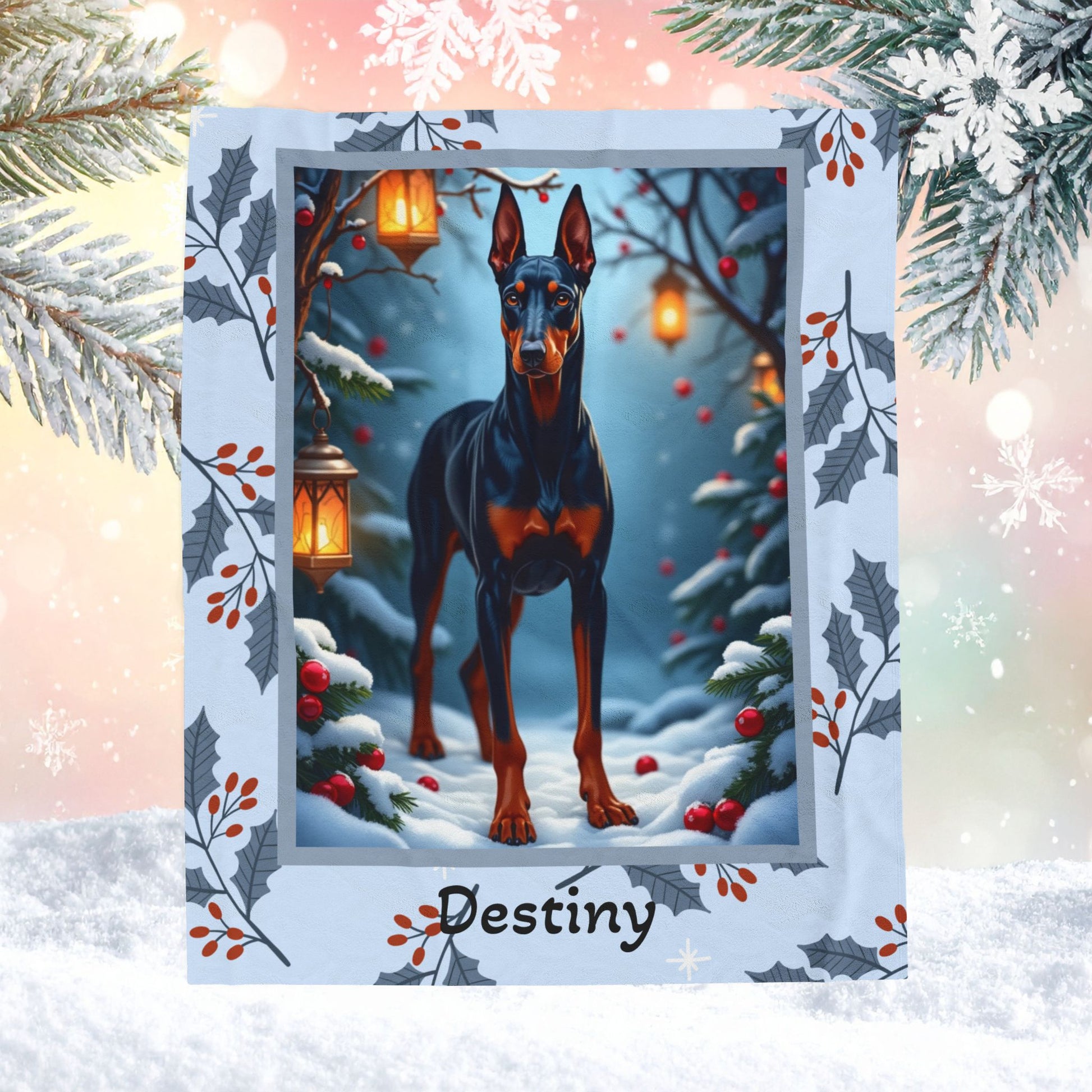 Doberman Blue and Rust personalized winter dog blanket with elegant Doberman artwork and bright snowy lodge scenery