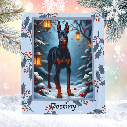 Doberman Blue and Rust personalized winter dog blanket with elegant Doberman artwork and bright snowy lodge scenery