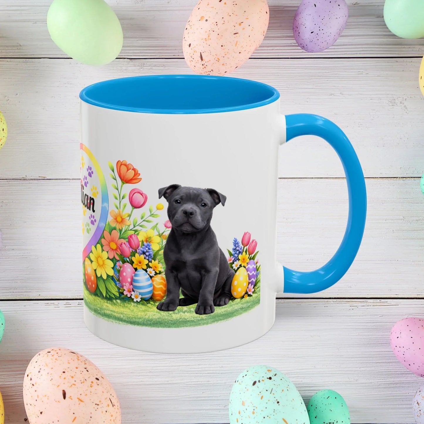 Shop our pitbull blue puppy easter mug featuring the 11oz style option from MySisterIsASurvivor.