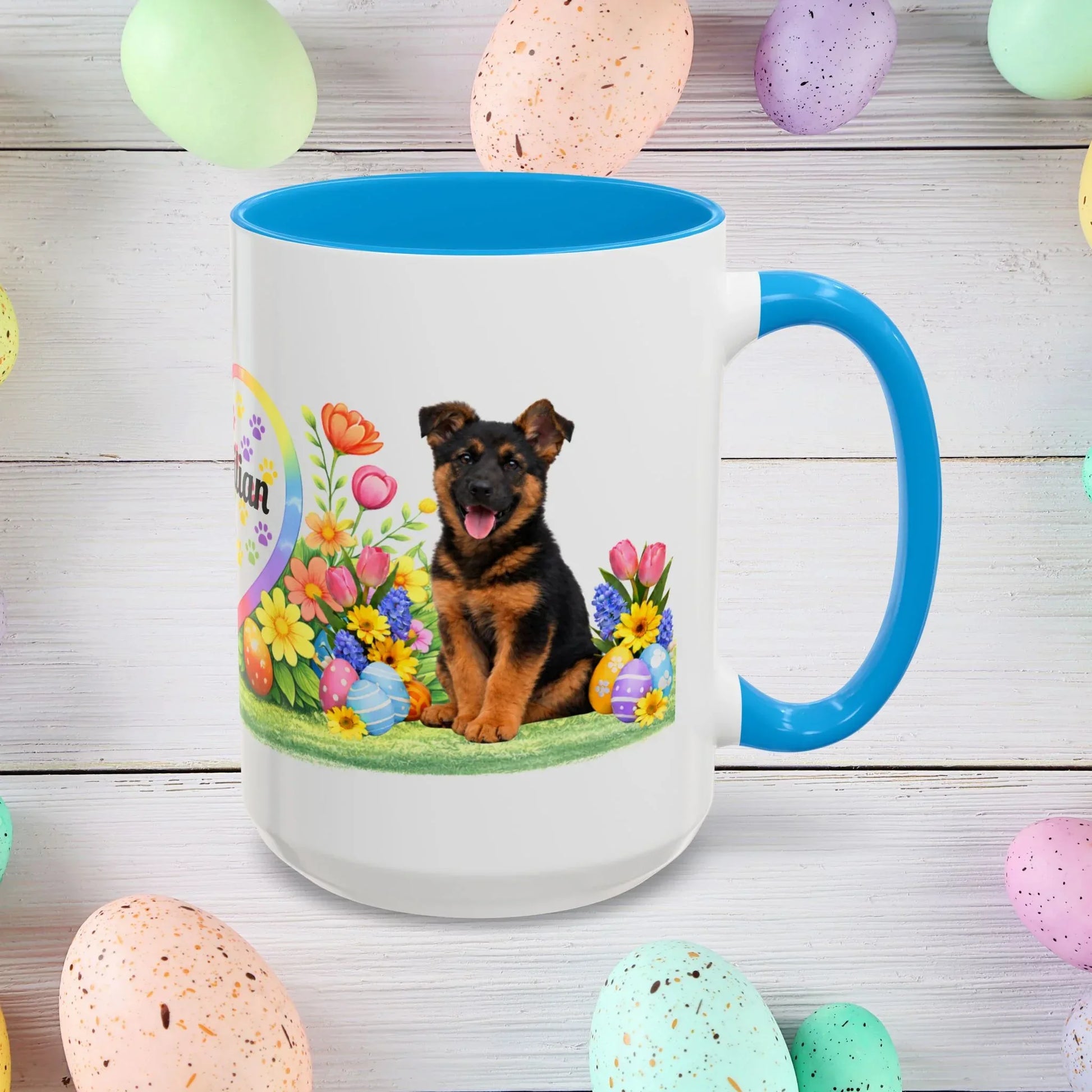 Shop our german shepherd black red puppy easter mug featuring the 15oz style option from MySisterIsASurvivor.