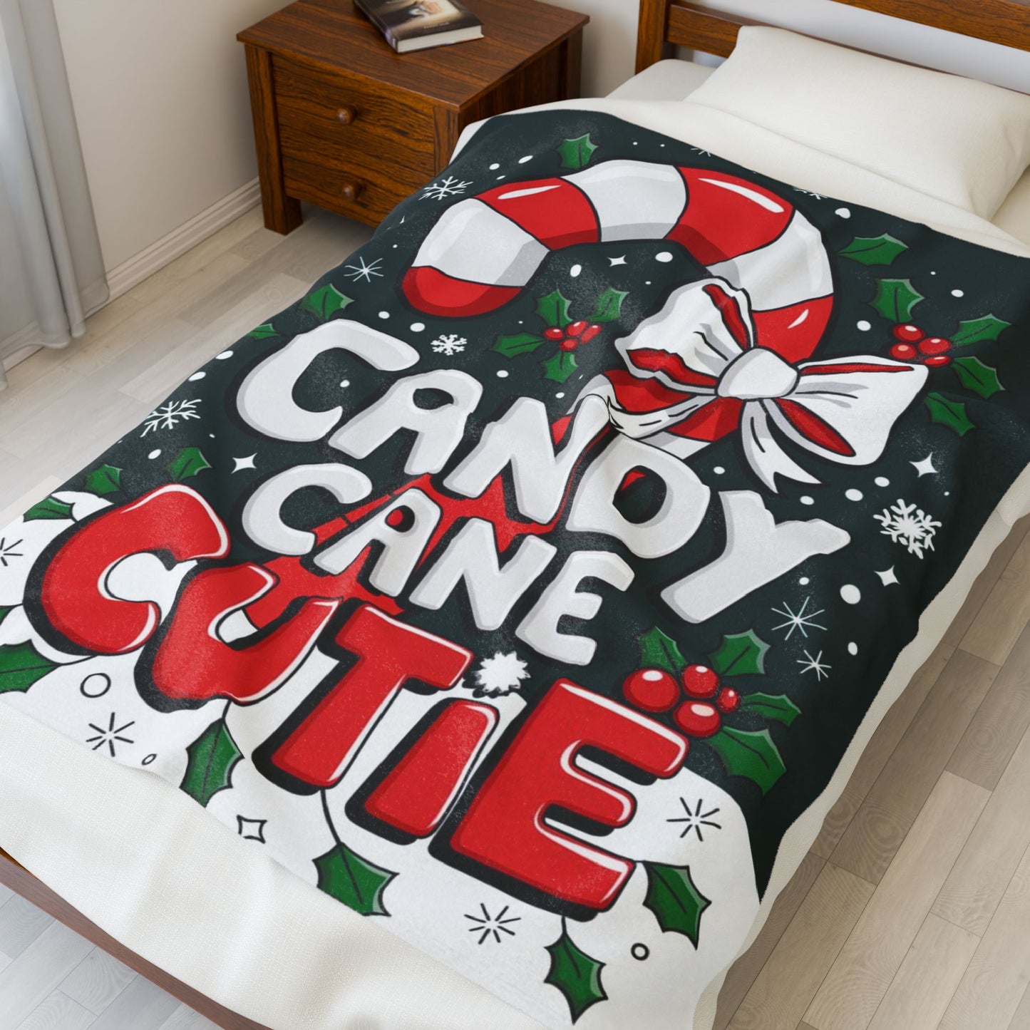 Cute Christmas blanket “Candy Cane Cutie” with fun holiday design, cozy festive throw for winter nights