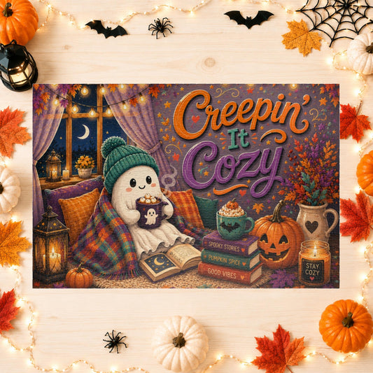 Creepin It Cozy Halloween puzzle with ghost reading by candlelight and pumpkin spice themed books