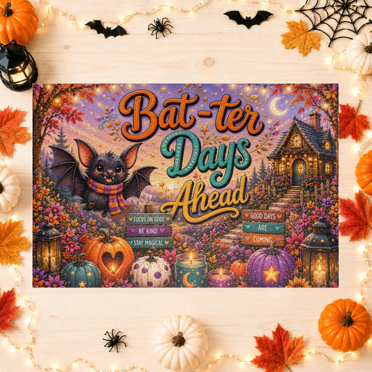 Bat-ter Days Ahead Halloween puzzle featuring cheerful bat artwork, heart pumpkins, and a cozy cottage scene