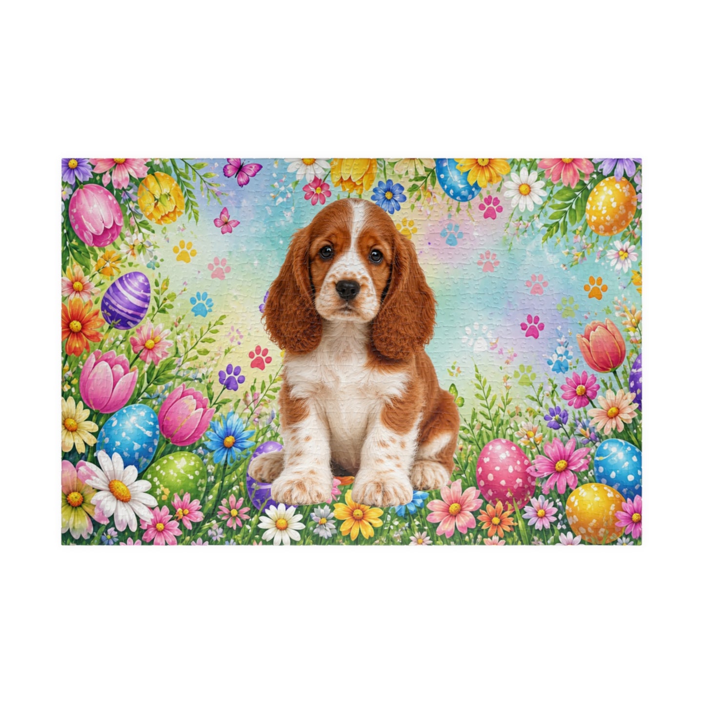 American Cocker Spaniel (Red & White) Easter Puppy Puzzle - Spring Garden with Eggs, Tulips, and Daisies