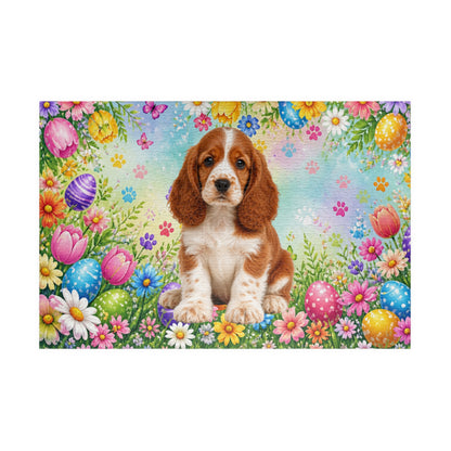 American Cocker Spaniel (Red & White) Easter Puppy Puzzle - Spring Garden with Eggs, Tulips, and Daisies