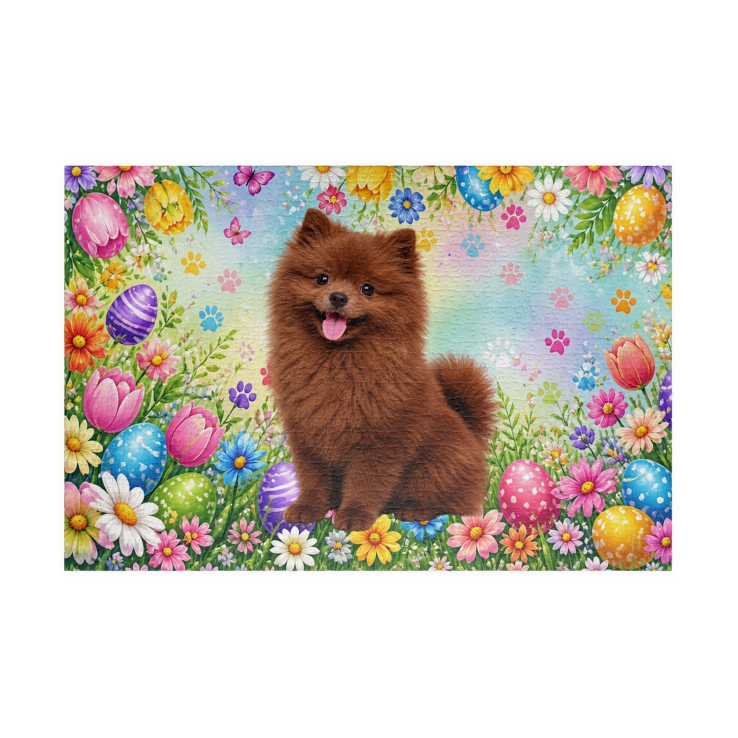 Pomeranian (Chocolate) Easter Puppy Puzzle - Spring Garden with Eggs, Tulips, and Daisies