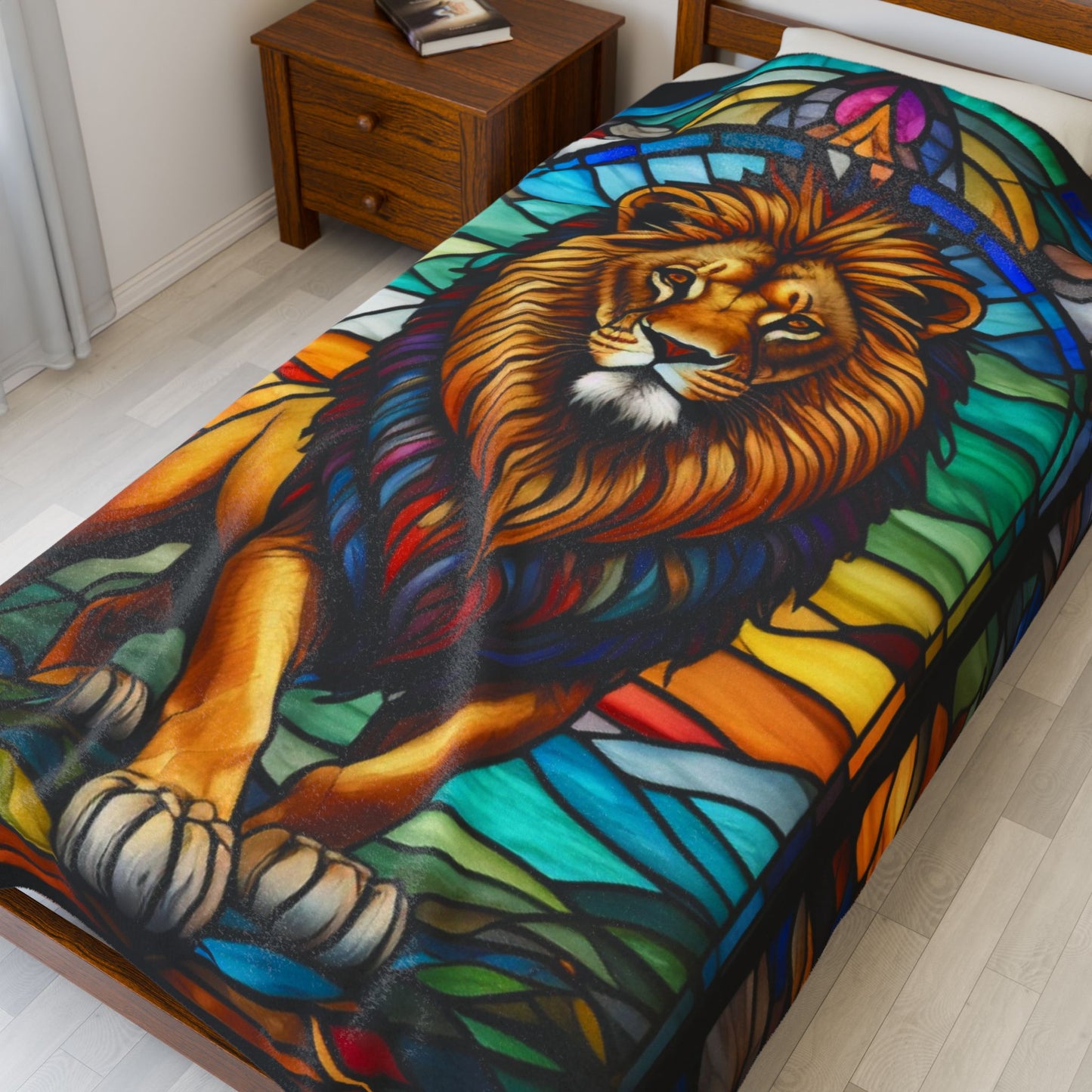 A bold lion blanket in stained glass design, combining wildlife strength with soft serenity.