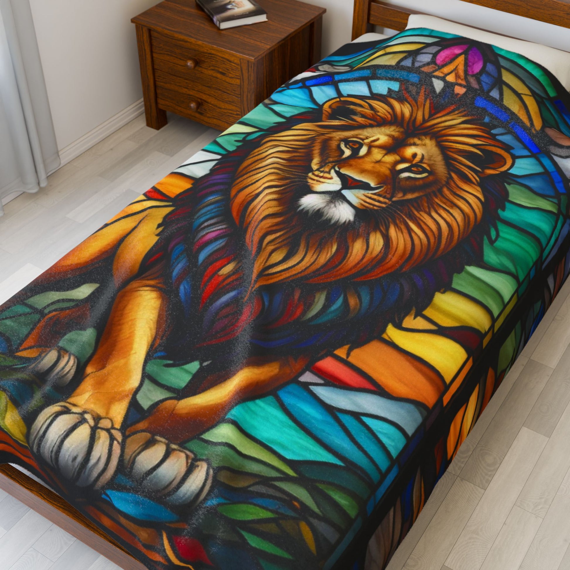 A bold lion blanket in stained glass design, combining wildlife strength with soft serenity.