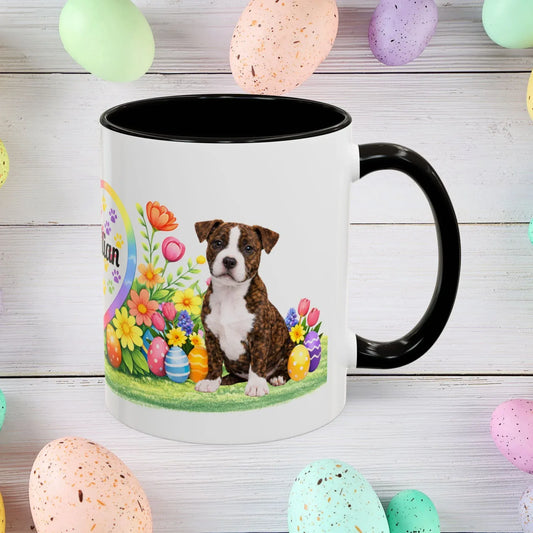 Shop our pitbull brindle white puppy easter mug featuring the 11oz style option from MySisterIsASurvivor.