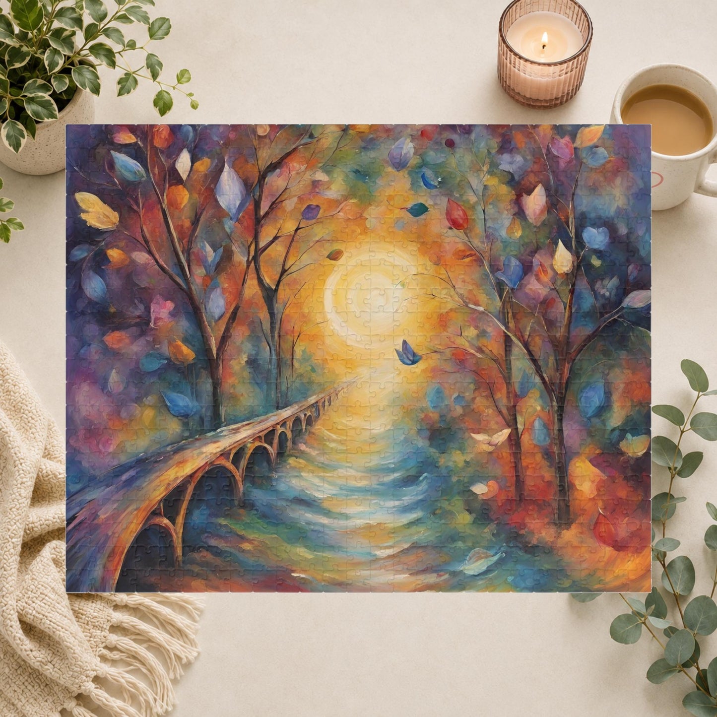 Bridge to Healing - Watercolor Landscape Puzzle with Glowing Path, Stone Bridge, and Colorful Floating Leaves