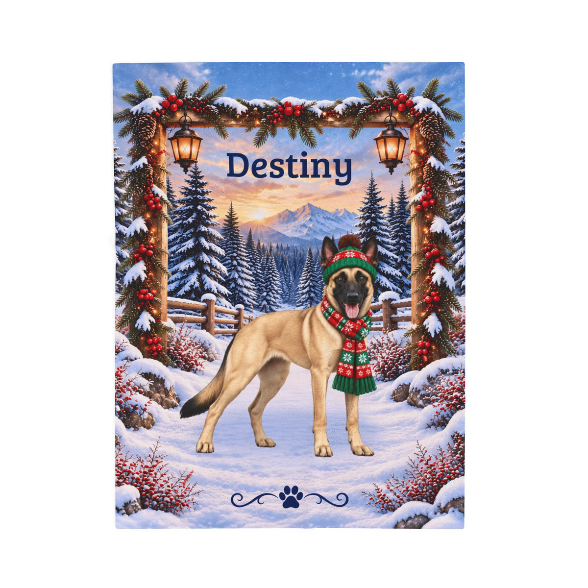 Belgian Malinois (Fawn Coat) - Custom Name Plush Blanket, Personalized Snowy Woodland Dog Mom Gift