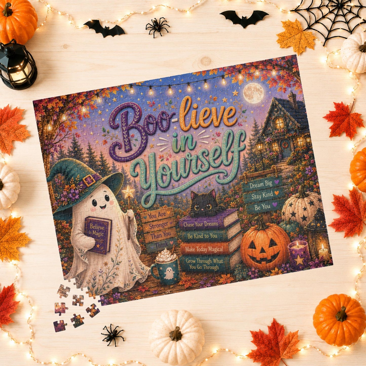 Boo-lieve in Yourself Halloween Puzzle - Ghost with Believe in Magic Book, Black Cat, and Affirmation Books