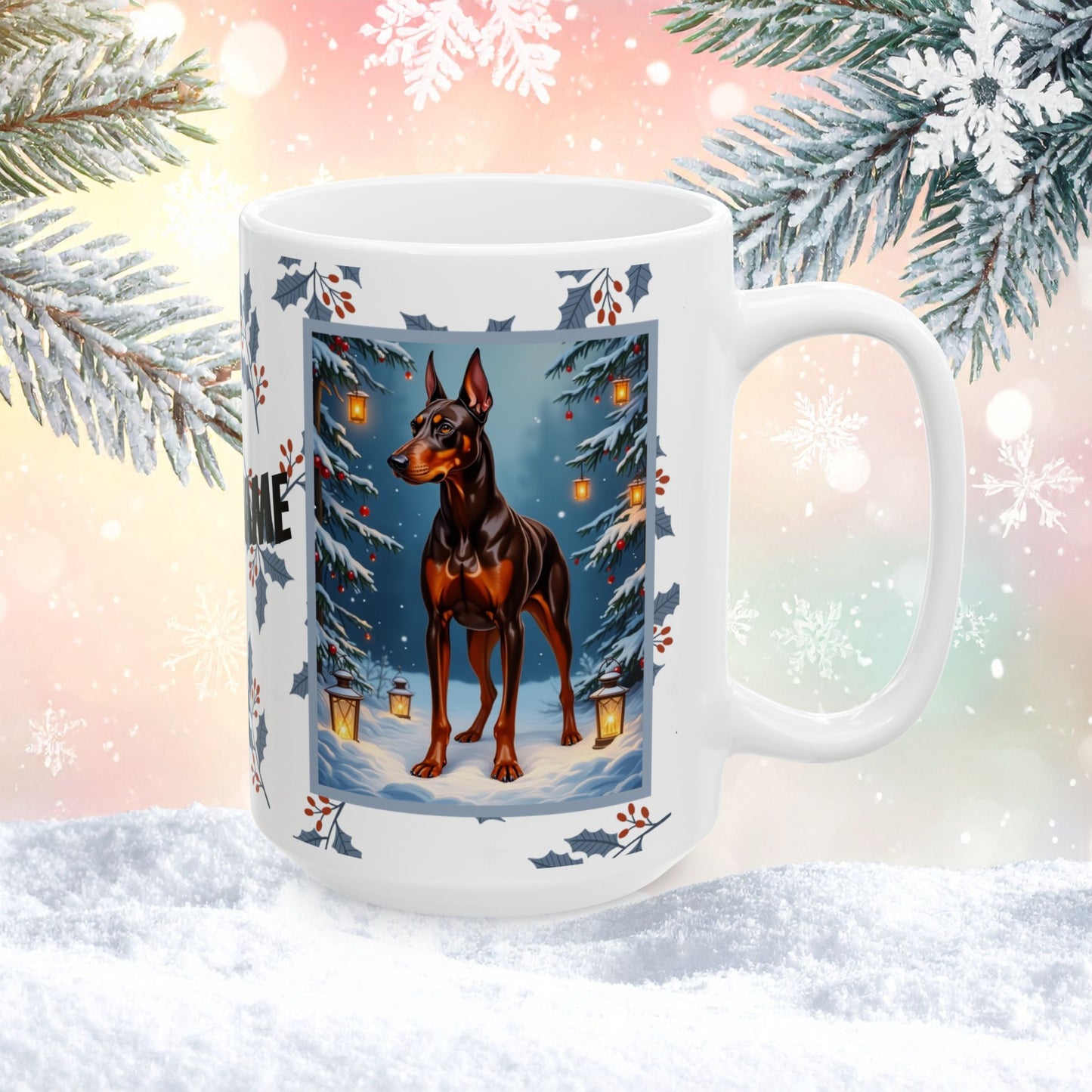 Doberman (Red & Rust) Winter Mug - red and rust Doberman artwork standing in a festive winter setting with soft snow details