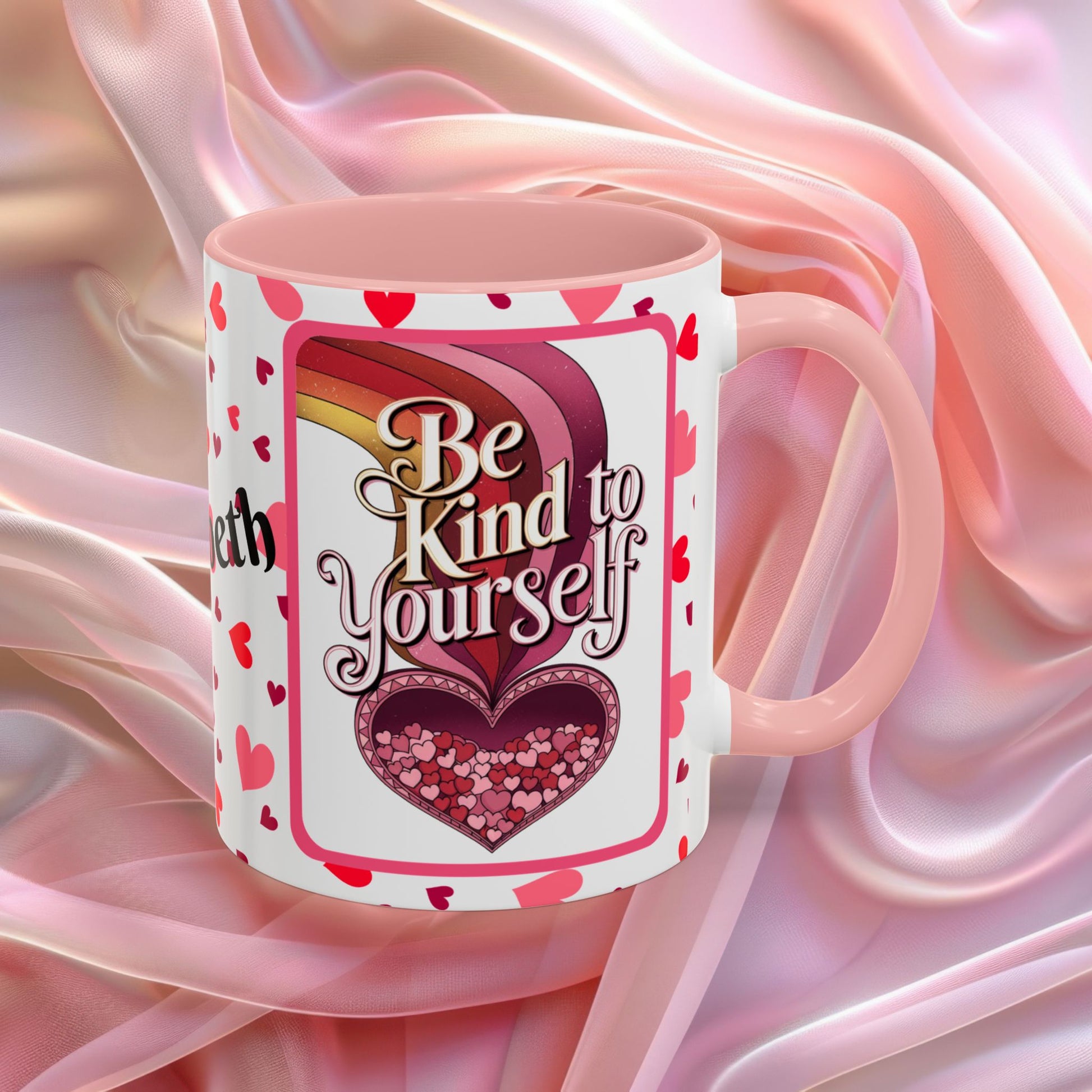 Be Kind To Yourself Valentines mug with self care message, red and pink Valentine design, affirmation coffee cup