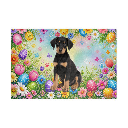 Doberman (Black & Tan) Easter Puppy Puzzle - Spring Garden with Eggs, Tulips, and Daisies