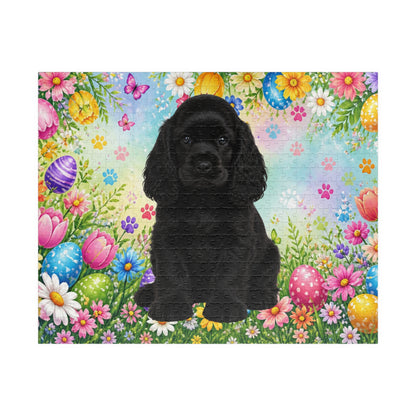 American Cocker Spaniel (Black) Easter Puppy Puzzle - Spring Garden with Eggs, Tulips, and Daisies