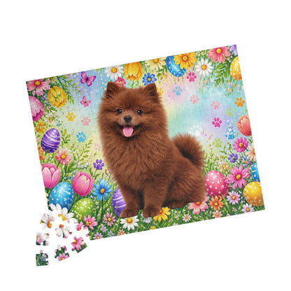 Pomeranian (Chocolate) Easter Puppy Puzzle - Spring Garden with Eggs, Tulips, and Daisies