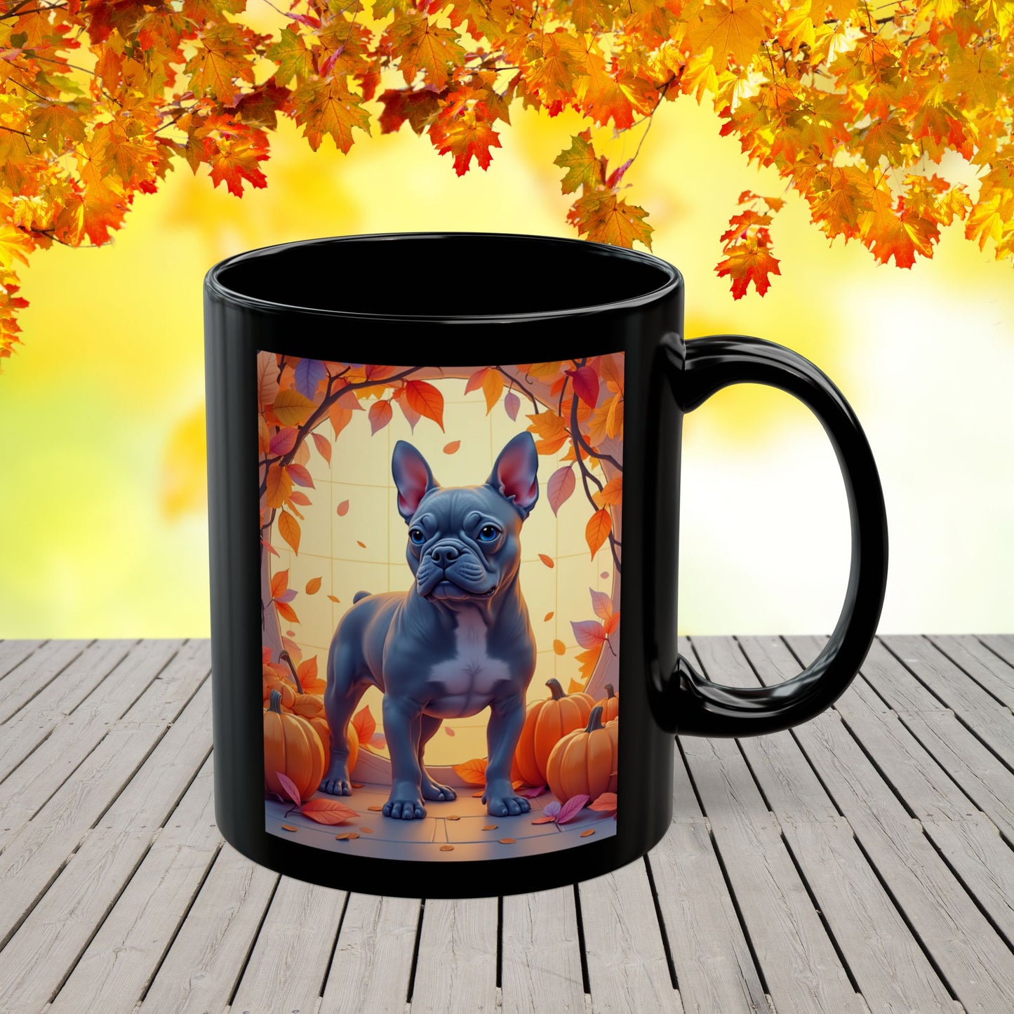 French Bulldog (Blue) Autumn Coffee Mug - Fall coffee cup for dog lovers, cute French Bulldog mug, personalized