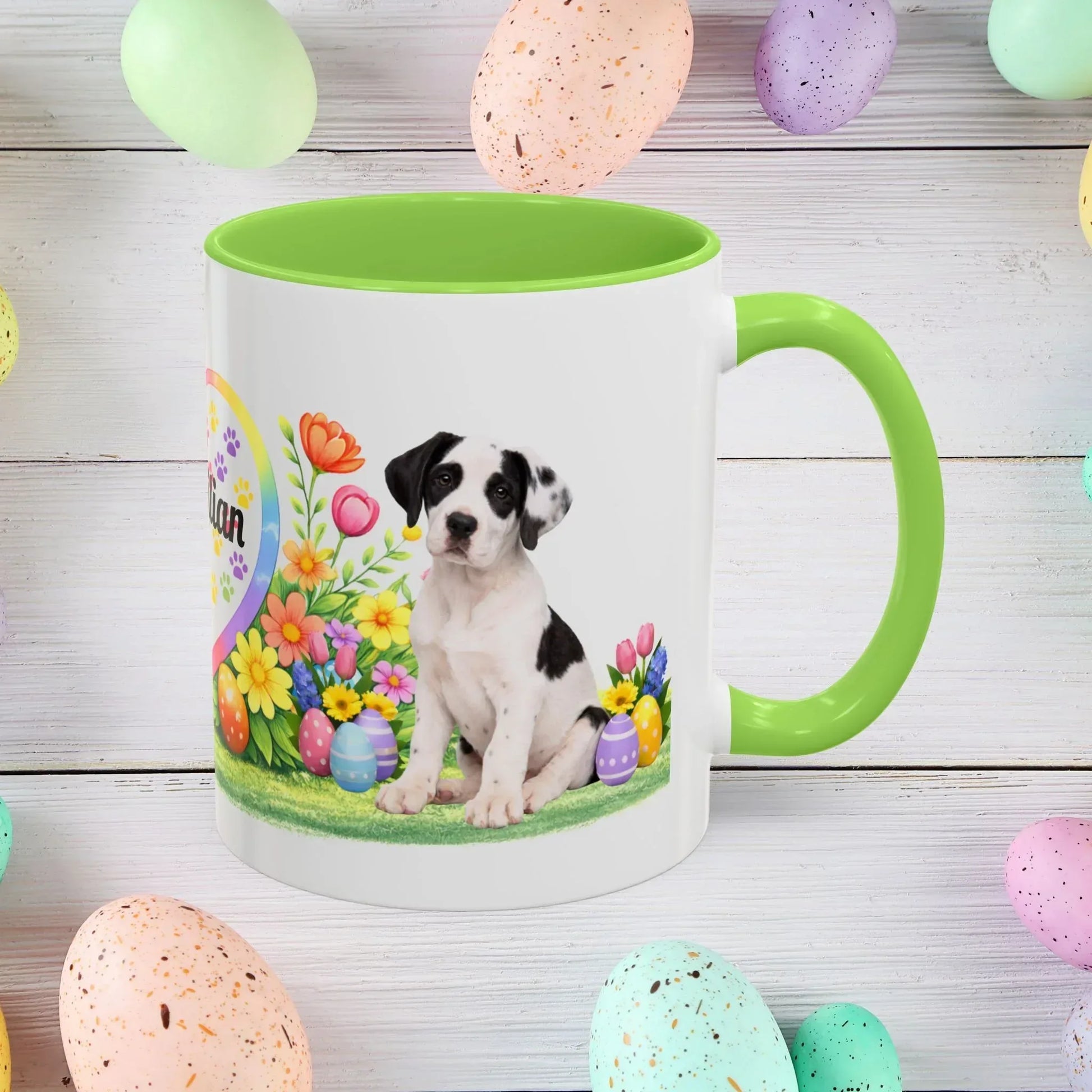 Shop our great dane piebald puppy easter mug featuring the 11oz style option from MySisterIsASurvivor.