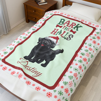 Labrador Retriever (Black) personalized velveteen blanket, cozy Bark The Halls holiday dog throw