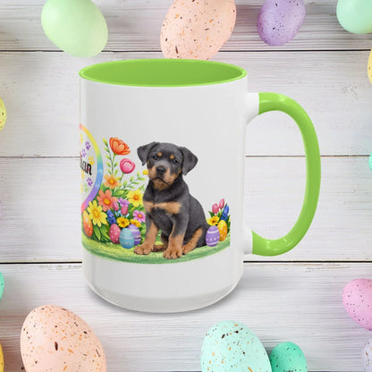 Shop our rottweiler blue puppy easter mug featuring the 15oz style option from MySisterIsASurvivor.