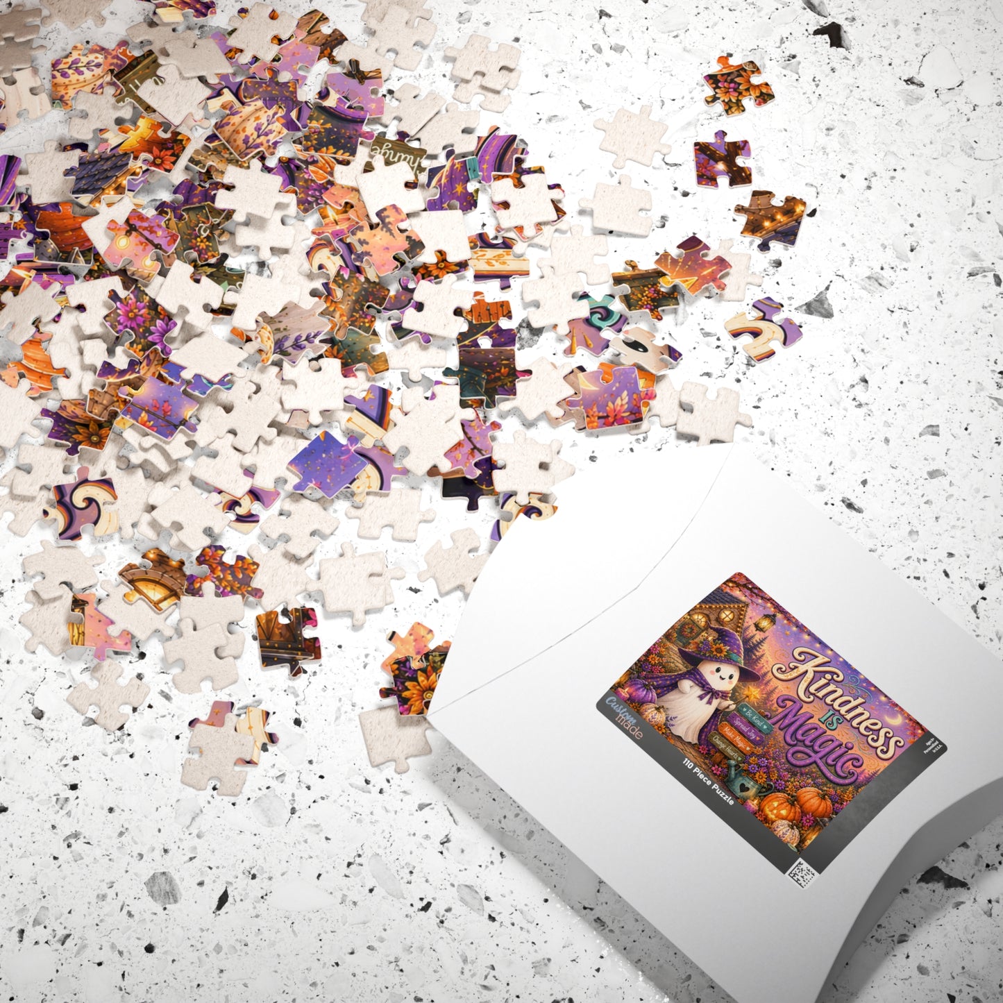 Kindness Is Magic Halloween Puzzle - Witch Ghost with Magic Wand, Purple Pumpkins, and Wildflowers